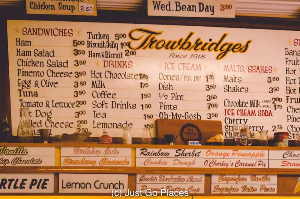 The menu at Trowbridges one of the favourite places to eat in Florence Alabama